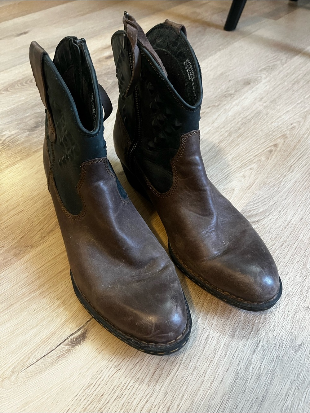Born Brown and Black Leather Ankle Western Booties